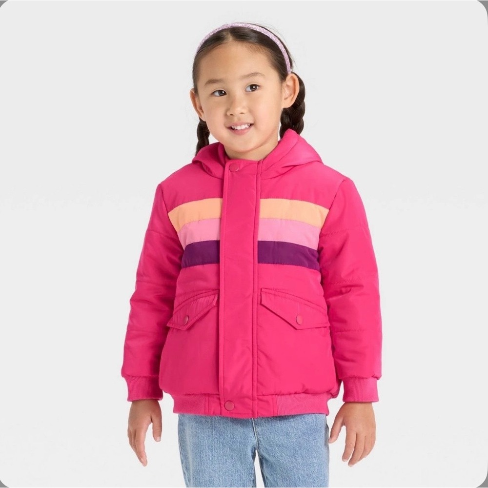 Cat & Jack Girls Pink Striped Hooded Puffer Jacket Warmest Winter Coat 18M NWT
